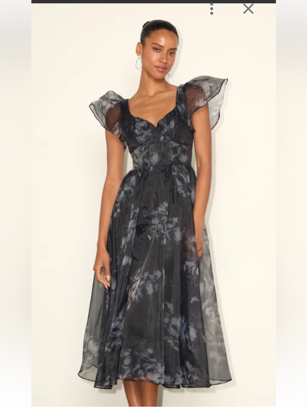 Mesmerizing Mood Black Floral Organza Ruffled A-Line Midi Dress SMALL NWOT